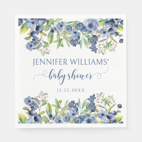 Blueberry blue flowers baby shower paper napkins