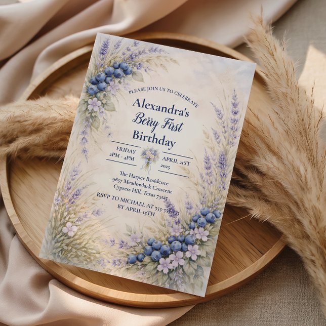 Blueberry Botanical Berry Theme 1st Birthday Invitation (Creator Uploaded)