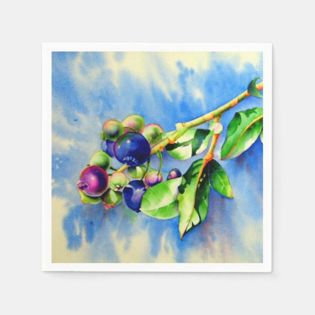 Blueberry branch, watercolor painting paper napkins (Front)