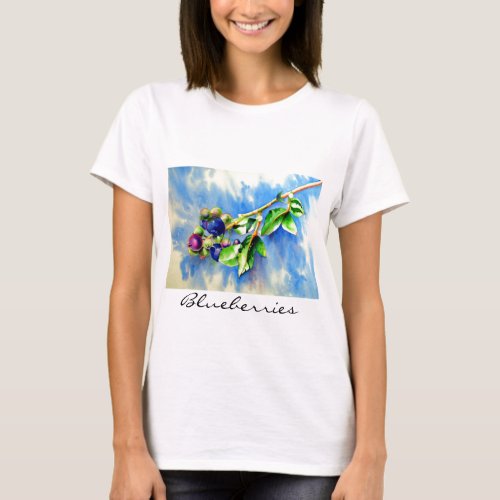 Blueberry branch watercolor painting T_Shirt