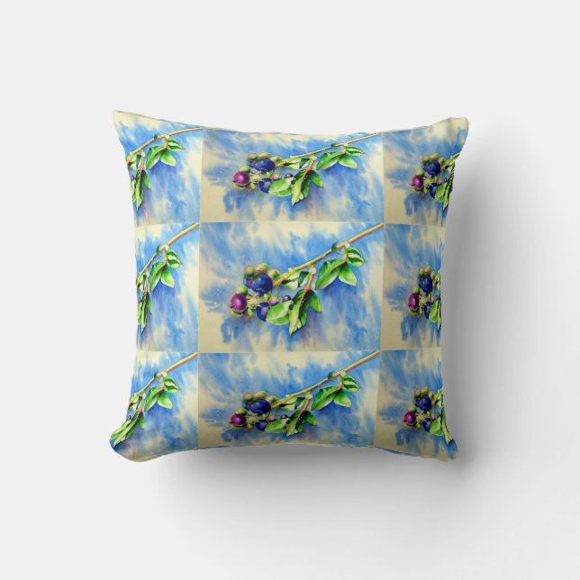 Blueberry branch, watercolor painting throw pillow (Front)