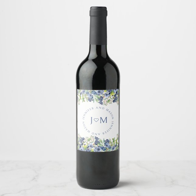 Blueberry bride groom monogram wedding wine labels (Front)