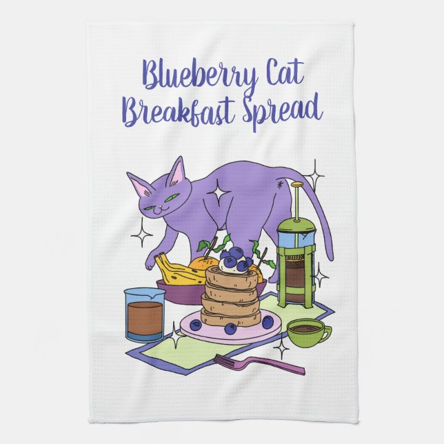 Blueberry Cat Breakfast Spread Illustration Kitchen Towel (Vertical)
