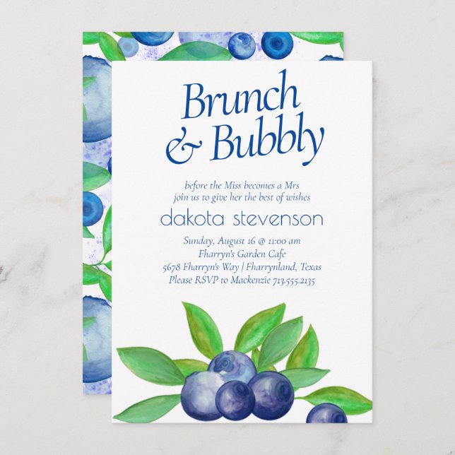 Blueberry Chic | Classic Blue Green Bubbly Brunch Invitation (Front/Back)