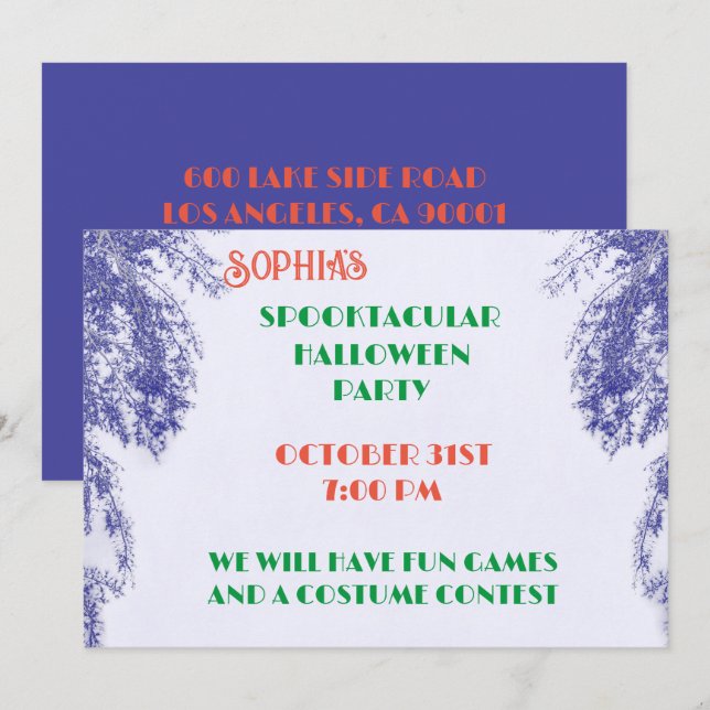 Blueberry Color  Tree Elegant Gothic Halloween  Invitation (Front/Back)