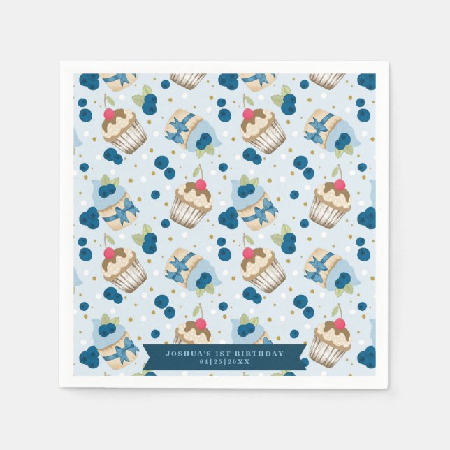 Blueberry Cupcake Blue Birthday Party Celebration Napkins (Front)