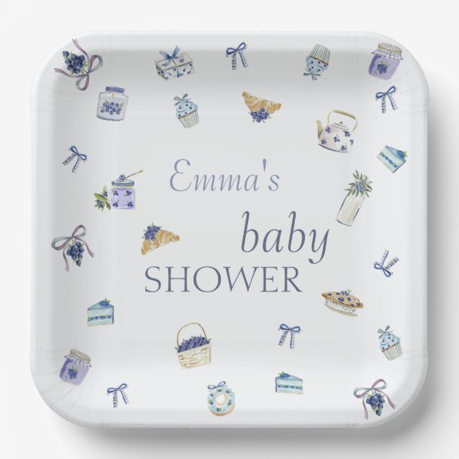 Blueberry Dessert Baby Shower Watercolor  Paper Plates (Front)