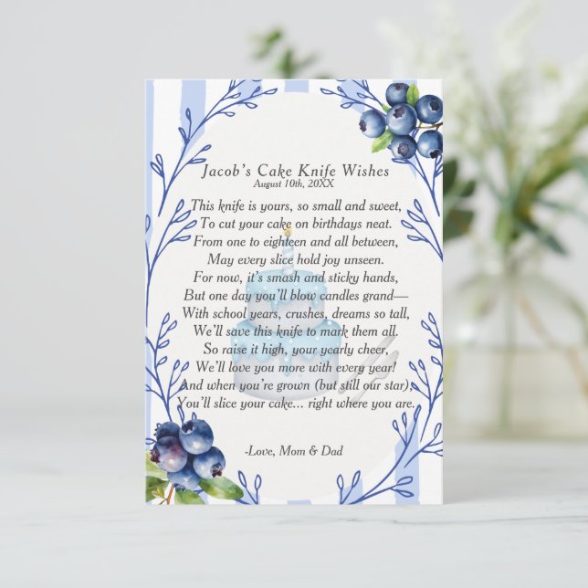 Blueberry First Birthday Cake Knife Poem  Invitation (Standing Front)