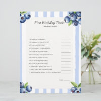 Blueberry First Birthday Trivia game card