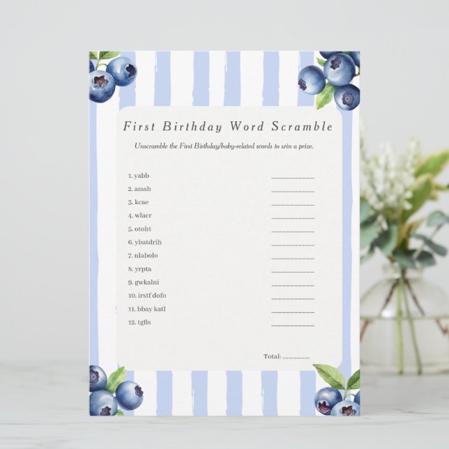 Blueberry First Birthday Word Scramble Game card (Standing Front)