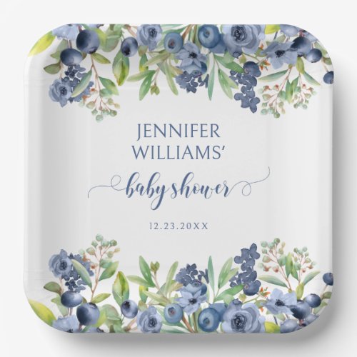 Blueberry floral baby boy shower paper plates
