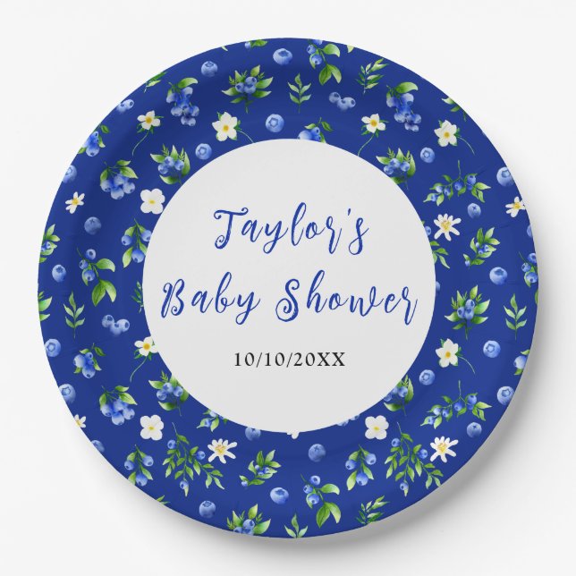 Blueberry Floral Baby Shower Paper Plates (Front)
