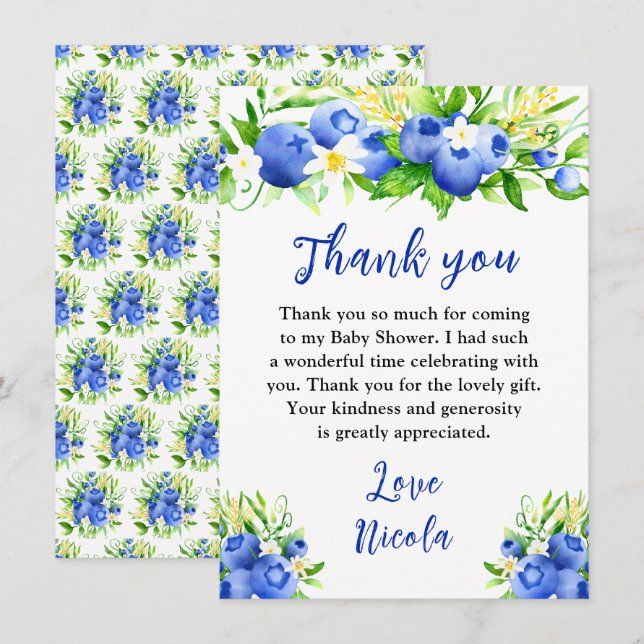 Blueberry Floral Baby Shower Thank You Card (Front/Back)