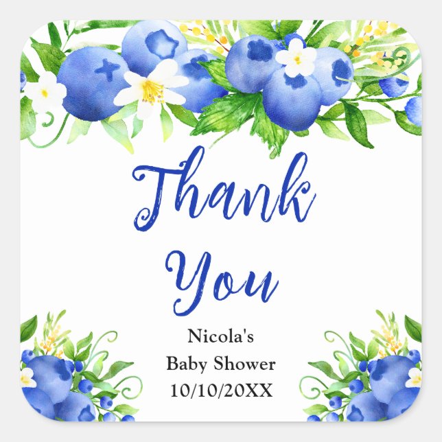 Blueberry Floral Baby Shower Thank You Square Sticker (Front)