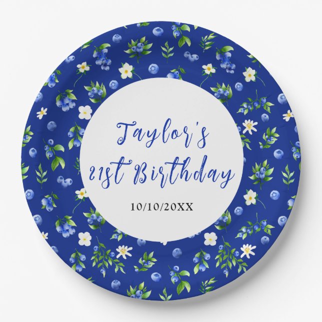 Blueberry Floral Birthday Party Paper Plates (Front)