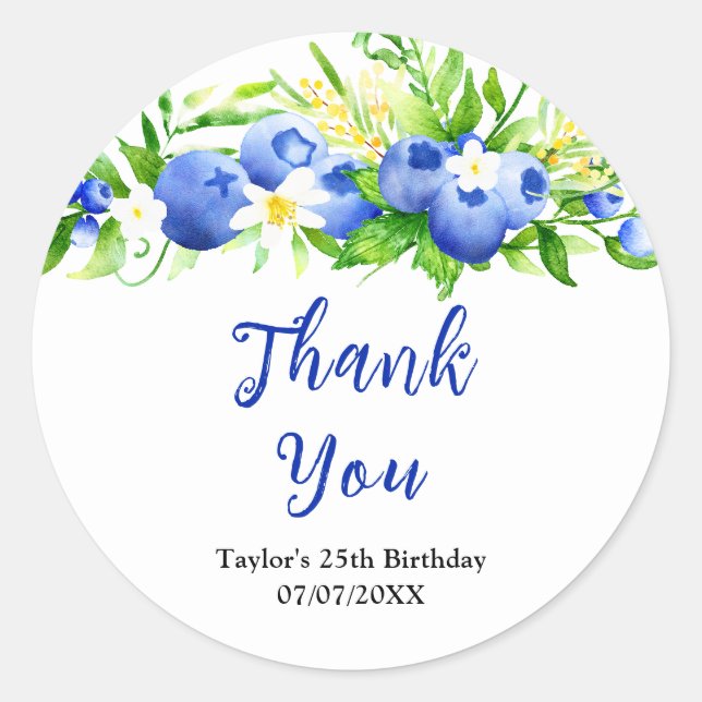 Blueberry Floral Birthday Party Thank You Classic Round Sticker (Front)