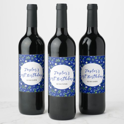 Blueberry Floral Birthday Party Wine Label