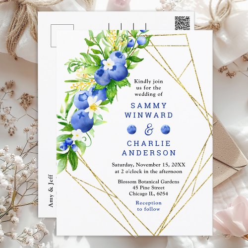 Blueberry Floral Wedding Postcard