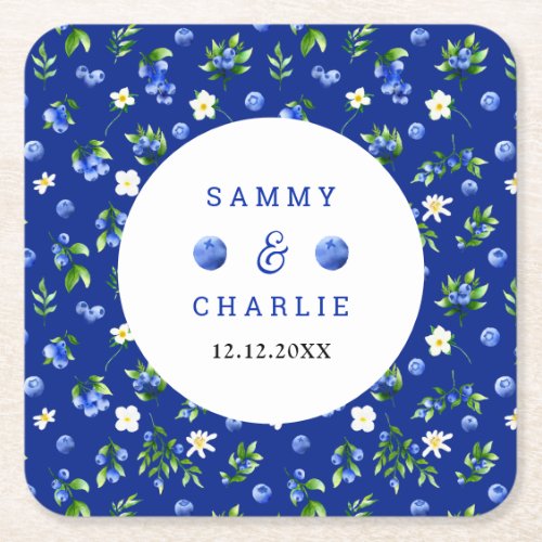 Blueberry Floral Wedding Square Paper Coaster