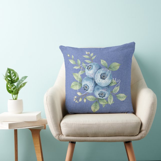Blueberry Fruit on Blue  Throw Pillow (Chair)
