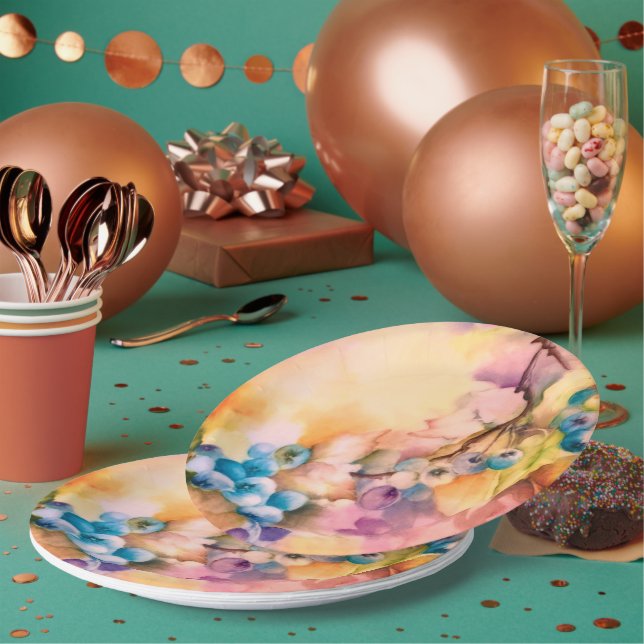 Blueberry Fruit Pattern — Hand-Painted Berries Paper Plates (Multi)