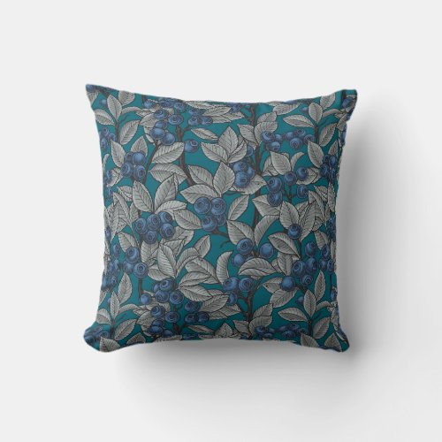 Blueberry garden blue and gray throw pillow