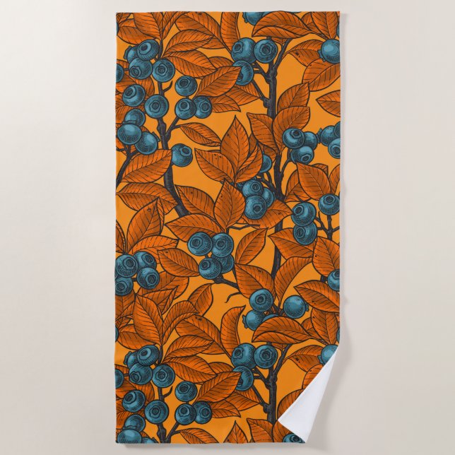 Blueberry garden, blue and orange beach towel (Front)