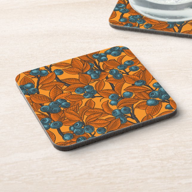 Blueberry garden, blue and orange beverage coaster (Left Side)
