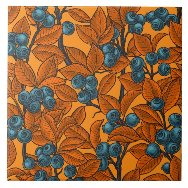 Blueberry garden, blue and orange ceramic tile (Front)