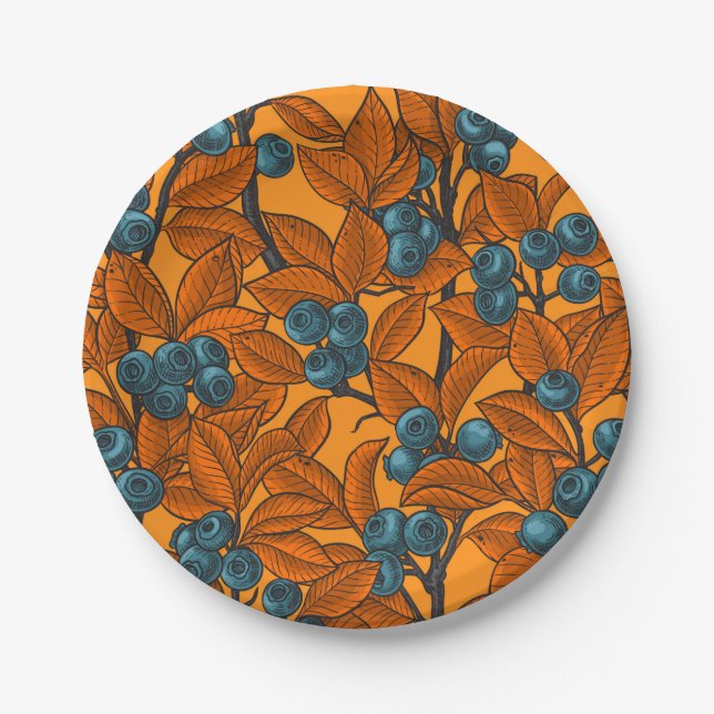 Blueberry garden, blue and orange paper plates (Front)
