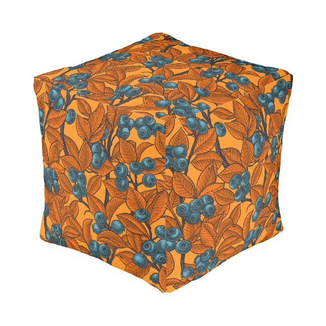 Blueberry garden, blue and orange pouf (Angled Front)