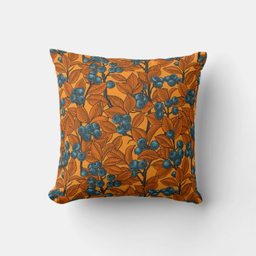 Blueberry garden blue and orange throw pillow