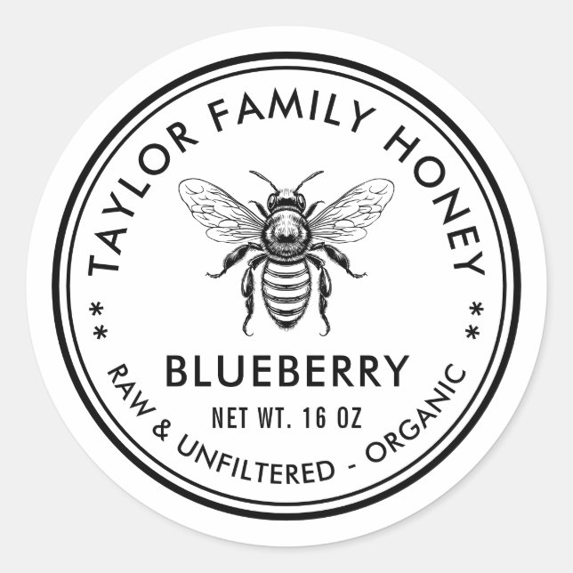 Blueberry honey label with honey bee (Front)