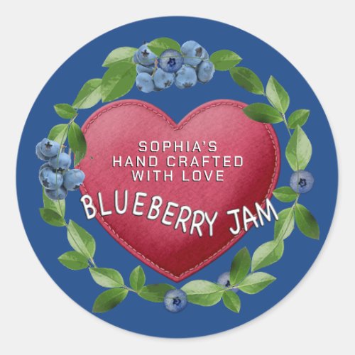 BLUEBERRY JAM HANDCRAFTED WITH LOVE HEART  CLASSIC ROUND STICKER