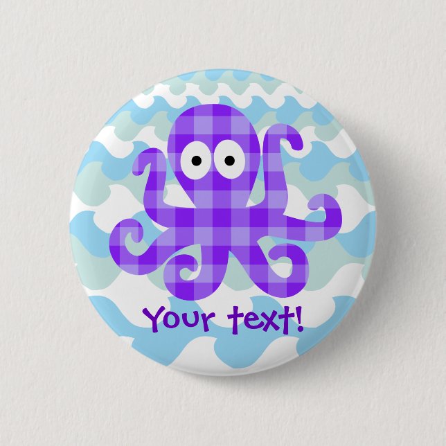 Blueberry Octopie Purple Checkered Cartoon Octopus Pinback Button (Front)
