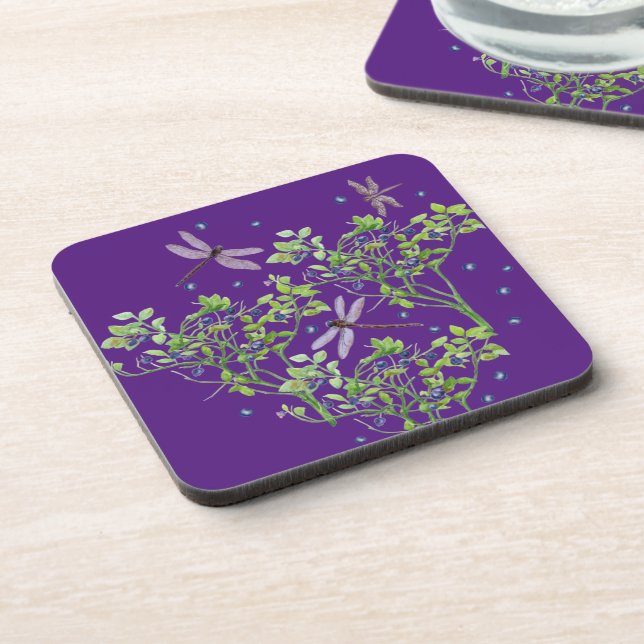 Blueberry pattern with dragonflies beverage coaster (Left Side)