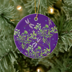 Blueberry pattern with dragonflies ceramic ornament