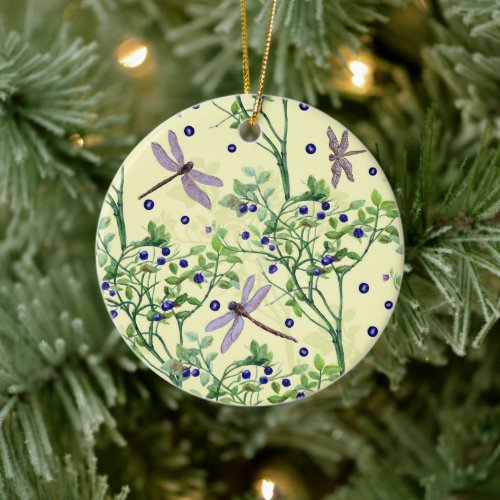 Blueberry pattern with dragonflies ceramic ornament