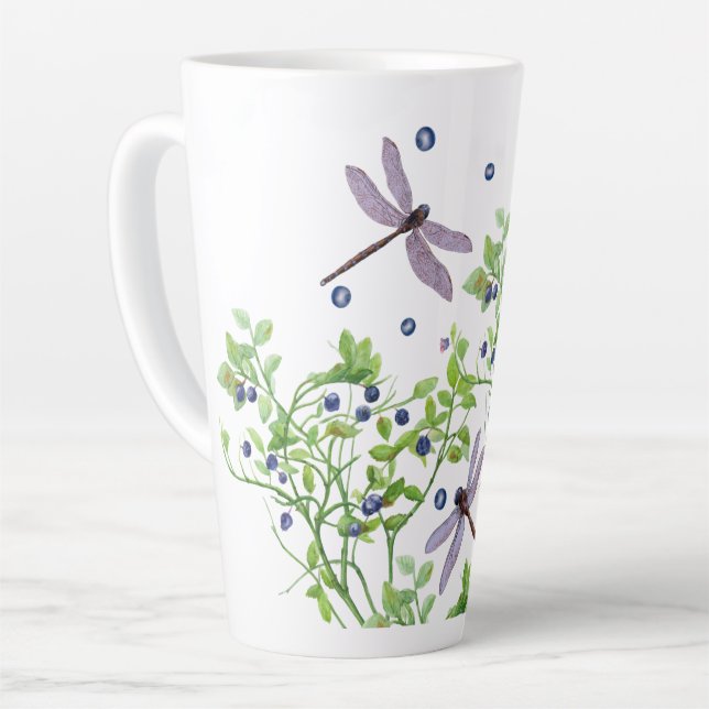 Blueberry pattern with dragonflies latte mug (Left Angle)