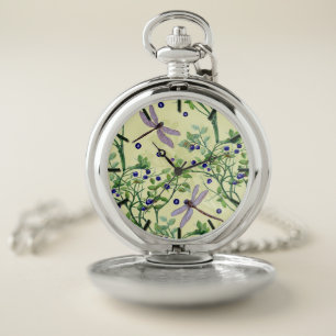 Blueberry pattern with dragonflies pocket watch