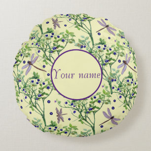 Blueberry pattern with dragonflies round pillow