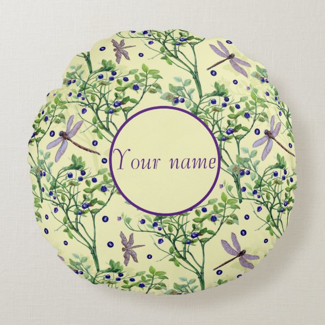 Blueberry pattern with dragonflies round pillow (Front)