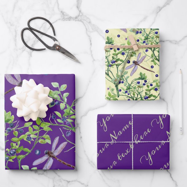 Blueberry pattern with dragonflies wrapping paper sheets (Front)