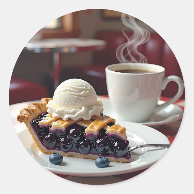 Blueberry Pie, Ice Cream & Coffee Classic Round Sticker (Front)