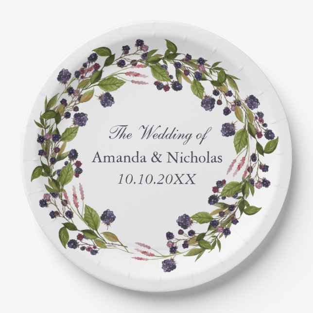 Blueberry  | Rustic Wreath  wedding personalized Paper Plates (Front)