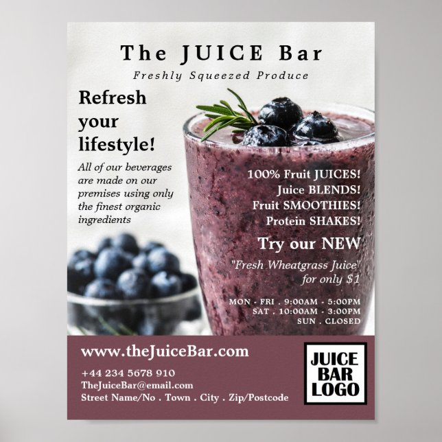 Blueberry Smoothie, Juice Bar Advertising Poster (Front)
