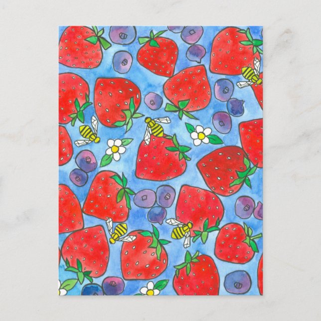 Blueberry Strawberry Bees Watercolor Fruit Postcard (Front)