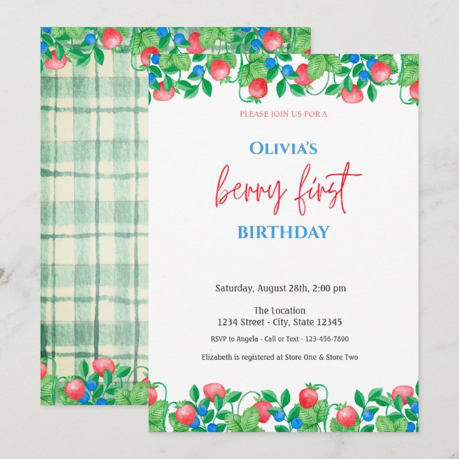 Blueberry Strawberry  Green Plaid 1st Birthday  Invitation (Front/Back)