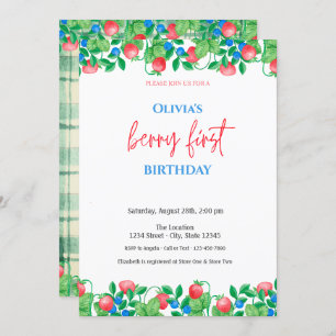Blueberry Strawberry Green Plaid 1st Birthday Invitation