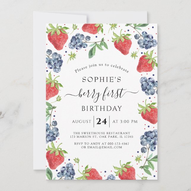 Blueberry Strawberry Sweet Berry First Birthday Invitation (Front)